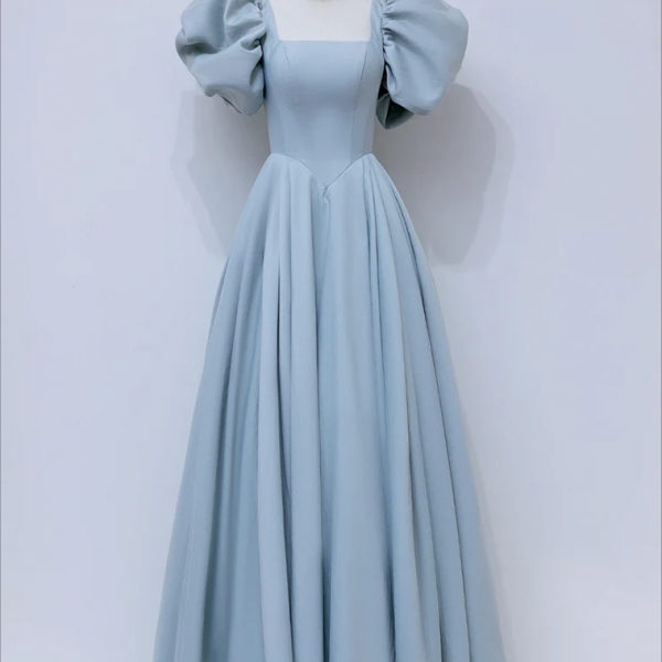 Prom Dresses,A-Line Puff sleeves Long Blue Prom Dress, Square Neckline Blue Long Formal Dress