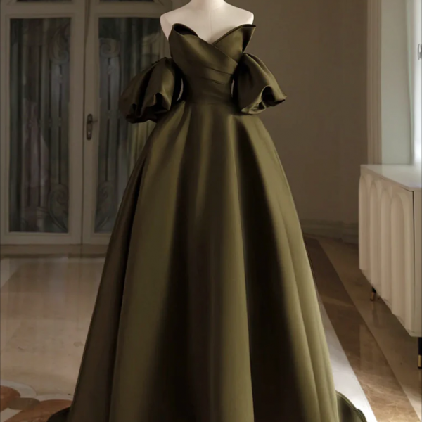 Prom Dresses,A-Line Puff Sleeves Olive Green Satin Long Prom Dress, Olive Green Long Formal Dress