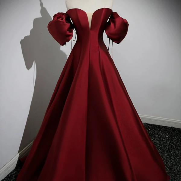 Prom Dresses,A-Line Puff Sleeves Satin Burgundy Long Prom Dress, Burgundy Long Formal Dress