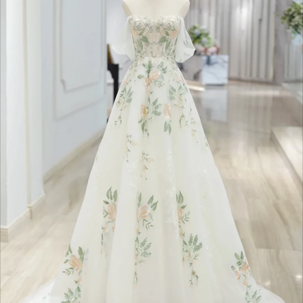 Prom Dresses,A-Line Off Shoulder ivory Tulle Lace Applique Long Prom Dress, ivory Formal Dress