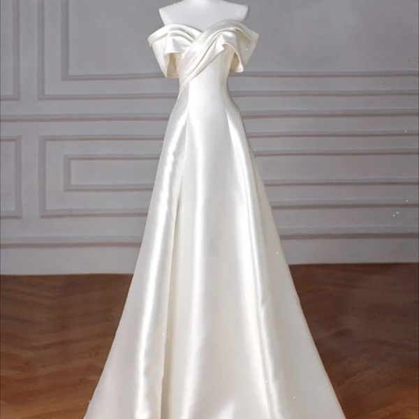 Prom Dresses,A-Line Off Shoulder Satin Beige Long Prom Dress, Beige Long Formal Dress