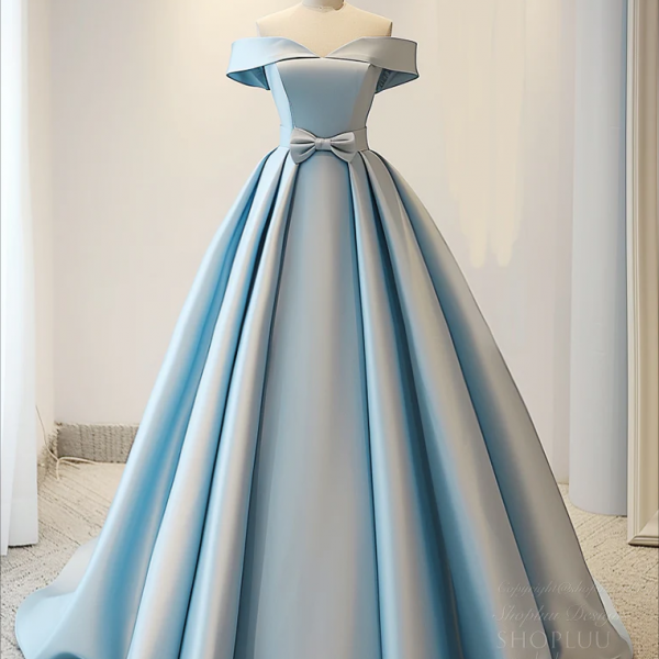 Prom Dresses,A-Line Off Shoulder Satin Blue Long Prom Dress, Blue Long Evening Dress