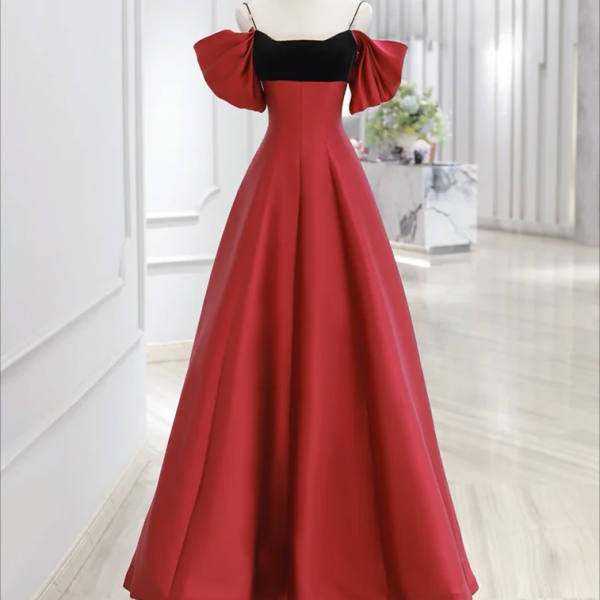 Prom Dresses,A-Line Off Shoulder Satin Dark Red Long Prom Dress, Red Long Formal Dress