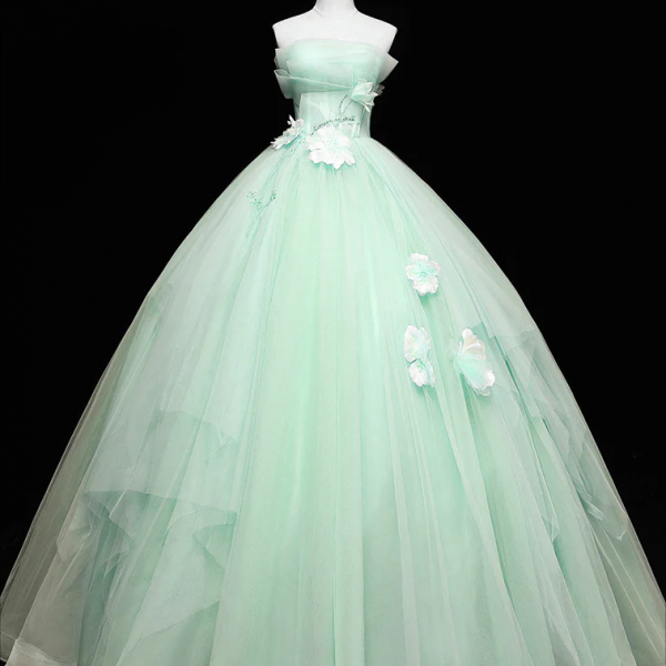 Prom Dresses,Green Tulle Lace Applique Long Prom Dresses