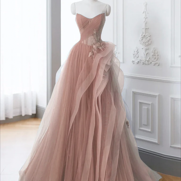 Prom Dresses,Pink A-Line Off Shoulder Long Prom Dress, Pink Lace Long Evening Dress