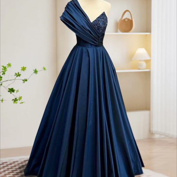 Prom Dresses,A-Line One Shoulder Satin Beads Dark Blue Long Prom Dress, Blue Long Evening Dress