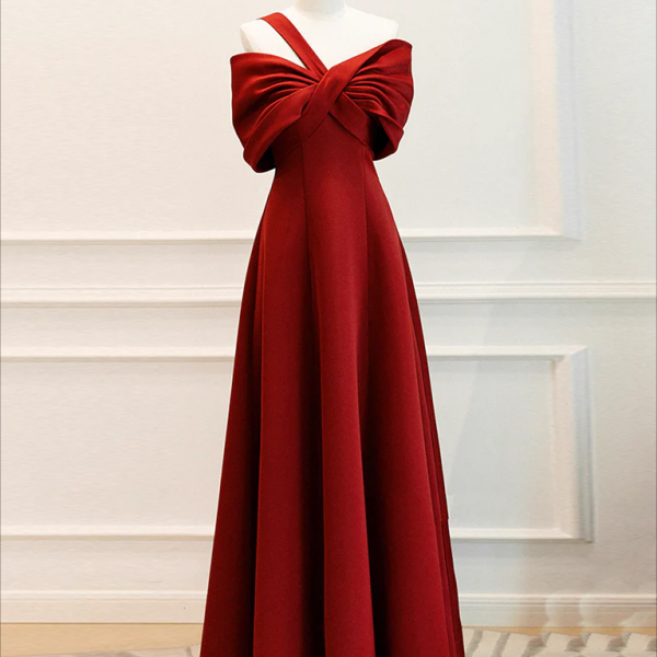 Prom Dresses,A-Line One Shoulder Satin Burgundy Long Prom Dress, Burgundy Long Formal Dress