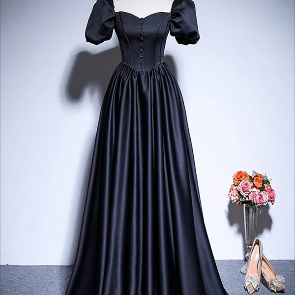 Prom Dresses,A-Line Satin Puff Sleeves Black Long Prom Dress, Black Long Evening Dress