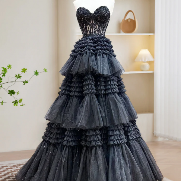 Prom Dresses,A-Line Sweetheart Neck Lace Black Long Prom Dress, Black Formal Dress