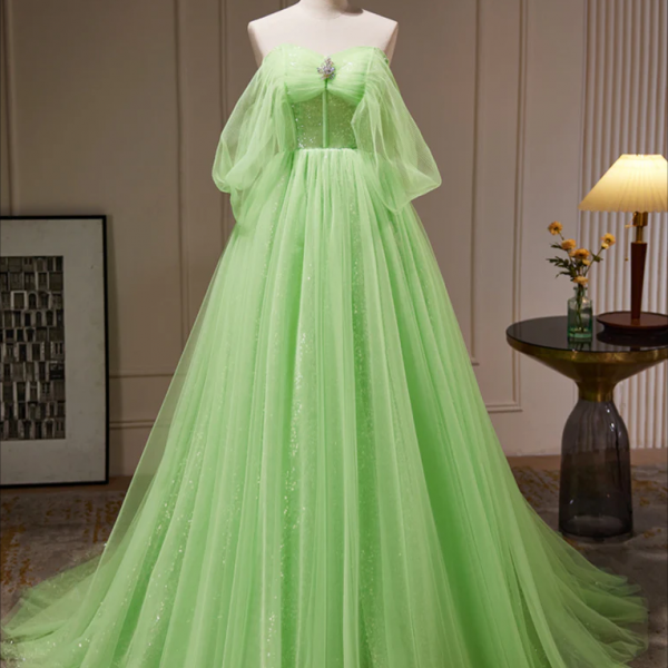 Prom Dresses,A-Line Sweetheart Neck Tulle Green Long Prom Dress, Green Tulle Long Evening Dress