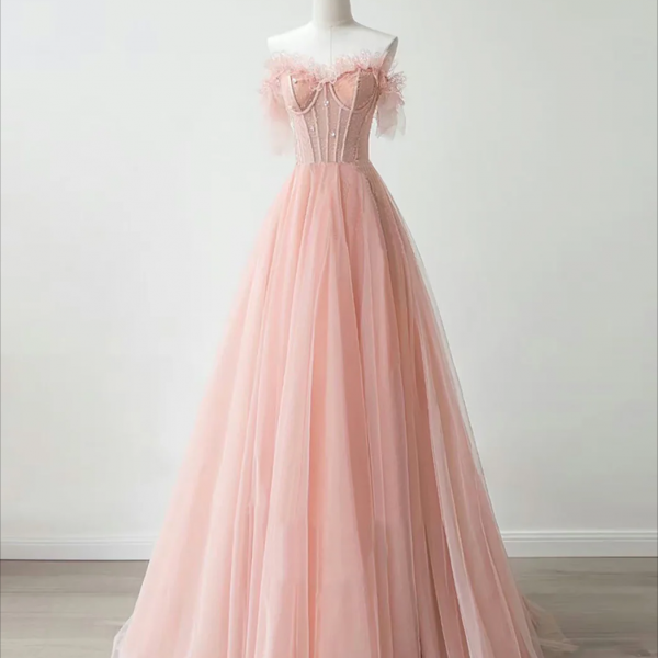 Prom Dresses,A-Line Sweetheart Neck Tulle Lace Pink Long Prom Dress, Pink Formal Dress