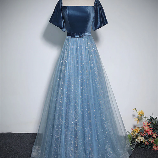 Prom Dresses,A-Line Tulle Velvet Blue Long Prom Dress, Blue Tulle Formal Dress