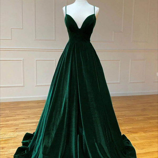 Prom Dresses,A-Line V Neck Velvet Green Long Prom Dresses, Green Velvet Formal Dress