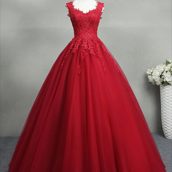Prom Dresses,Burgundy A-Line Tulle Lace Long Prom Dress, Burgundy Formal Evening Dress