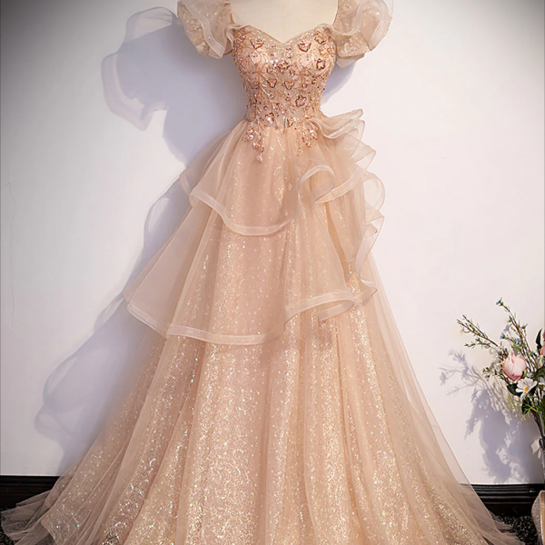 Prom Dresses,Champagne A-Line Tulle Beading Long Prom Dress, Champagne Formal Dresses