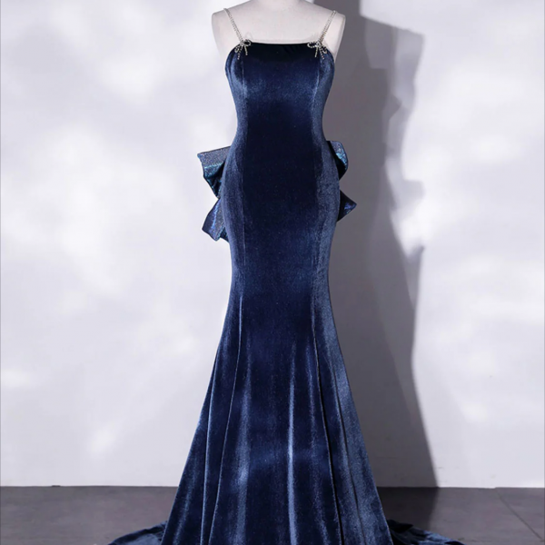 Prom Dresses,Mermaid Velvet Blue Long Prom Dresses, Blue Velvet Long Evening Dress