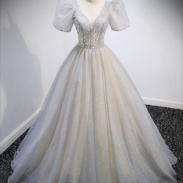 Glam Grey Beaded Tulle Long Evening Dress Party Dress, A-line Straps Evening Formal Dresses