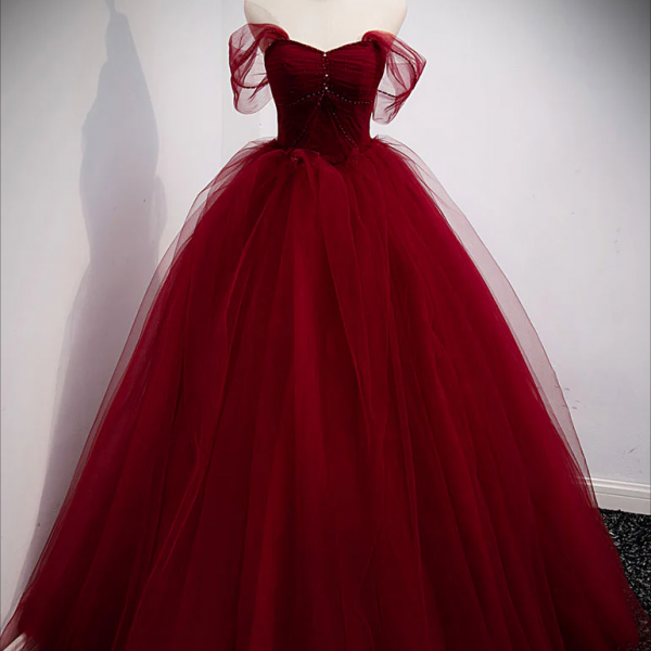 Burgundy High Low A-line Sweetheart Tulle Formal Prom Dresses