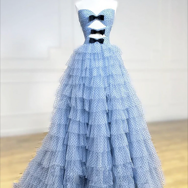 Blue tulle lace long prom dress blue tulle formal dress,DS2357 main image 1
