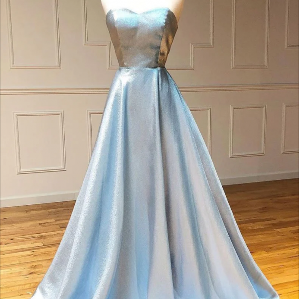 Shiny Dark Navy Long A-line Sweetheart Open Back Formal Prom Dresses main image 1