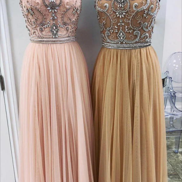 Champagne Tulle Sequins Long Formal Prom Dress, Cute 1/2 Sleeve Party Dress main image 0