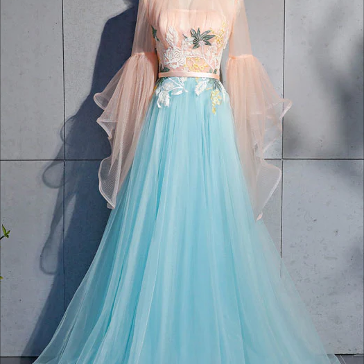 A line Short Sleeves Long Tulle Blue Prom Dress