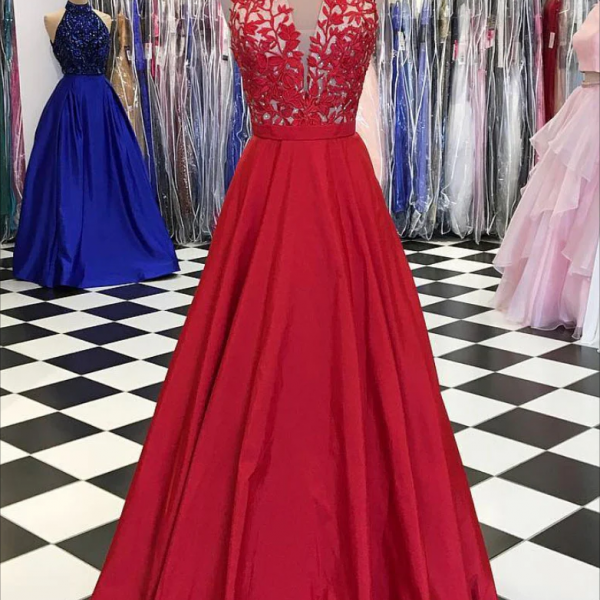 Elegant Sweetheart Neck Red A-Line Appliques Long Prom Dress, DP4197