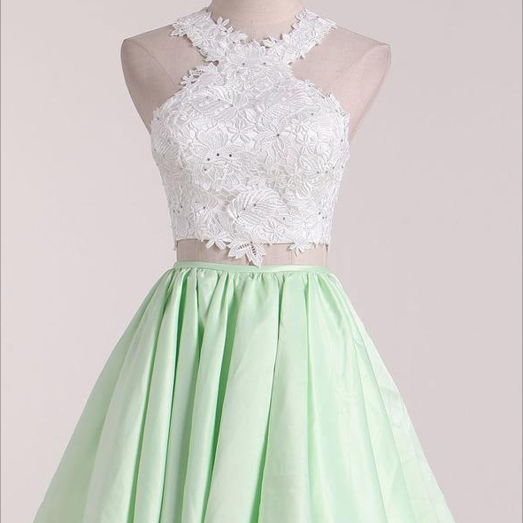 Two-Piece Scoop Homecoming Dresses A Line Satin With Applique  PD411