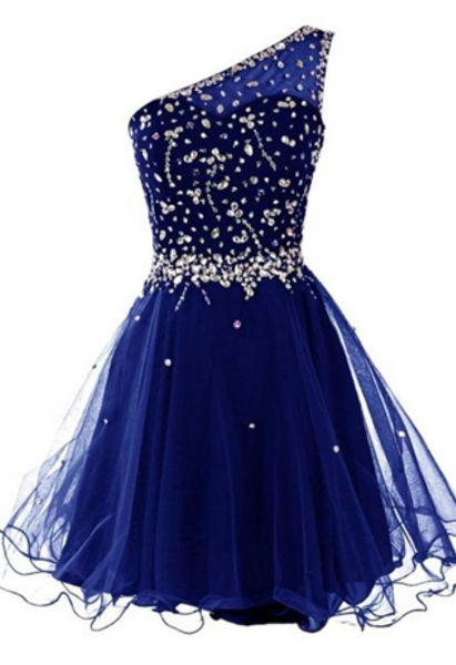 Blue A-Line Pearls Beading One Shoulder Cut Out Sleeveless Short Homecoming Dress