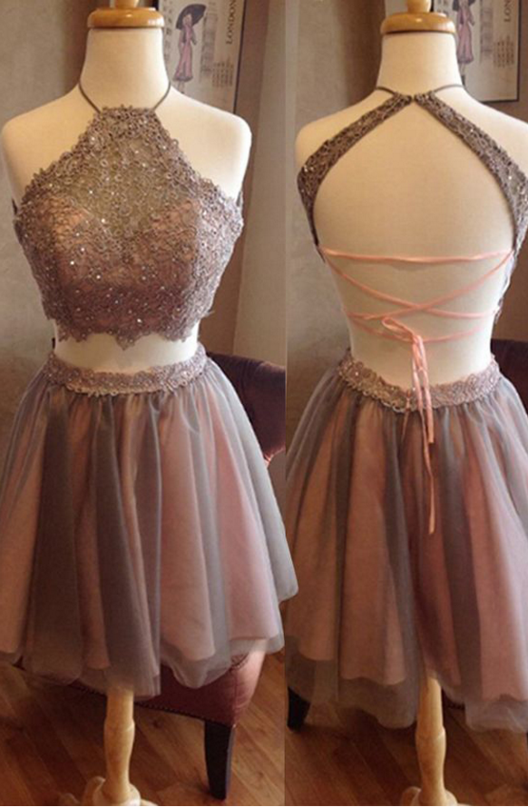 Short Two Piece Homecoming Dress Halter c3459