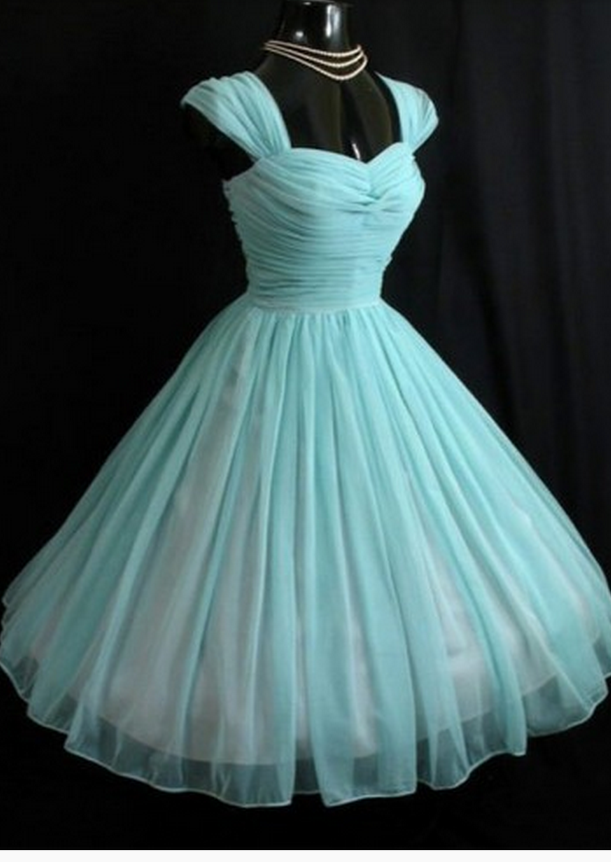 Vintage Turquoise Dress,chiffon Capped Sleeve