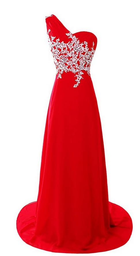 Evening Dresses Long One Shoulder Red Chiffon Appliqued Prom Dress on ...