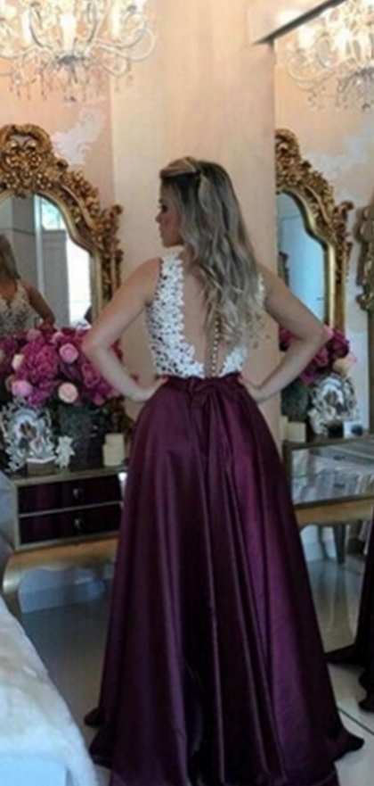 Burgundy Round Neck Beading Long Prom Dress, Burgundy Formal Graduation Dress Y1404