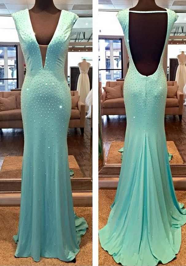 Custom Made A Line Round Neck Mint Green Backless Prom Dresses, Mint Green Backless Formal Dresses