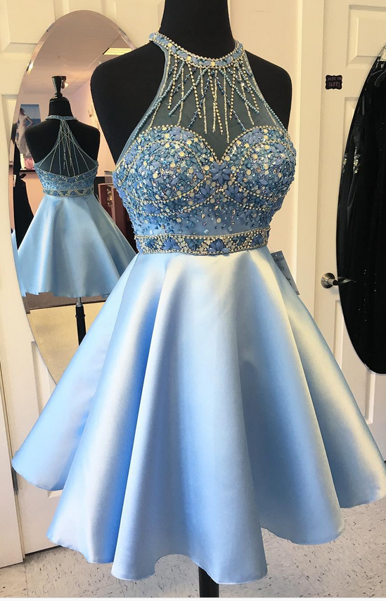 Short Light Blue Prom Dresses Sexy Rhinestone Beaded Halter Evening ...