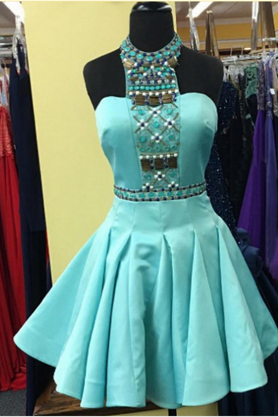 A-Line Sleeveless Pleated Beaded Short Homecoming Dress
