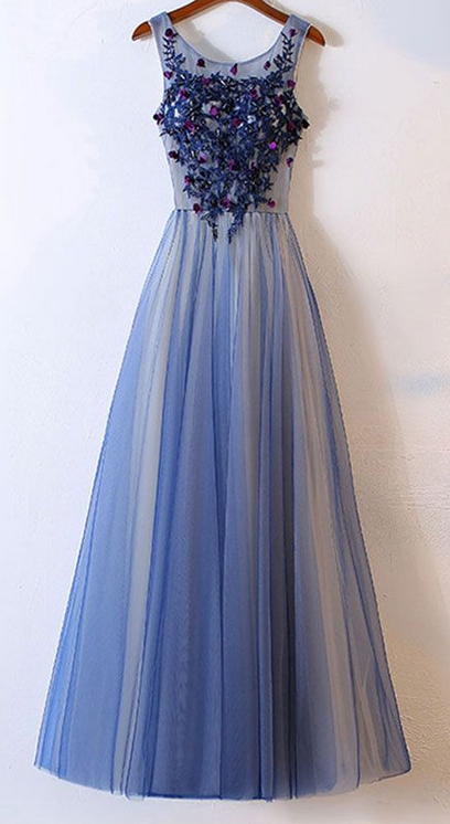 Blue Tulle Round Neckline Floor Length with Flowers Applique, Beautiful Evening Gown