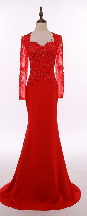 Réel Photo Robe Longo Manches Longues Rouge Longue Robe De Soirée ...