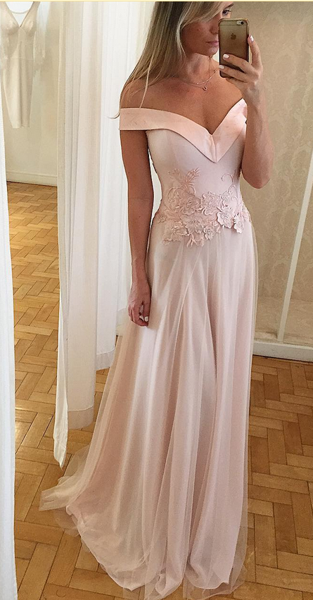 Off Shoulder Long Prom Dresses With Waist Lace Appliques on Luulla