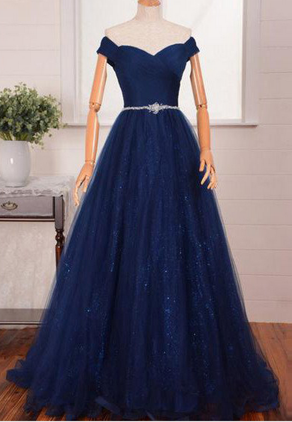 Blue Long A-line Off-the-shoulder Beading Tulle Prom Dresses Prom Gowns ...