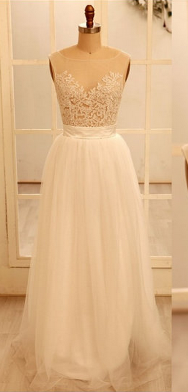 Custom Made A Line Round Necklace Lace Wedding Dresses, Deep V Neck ...