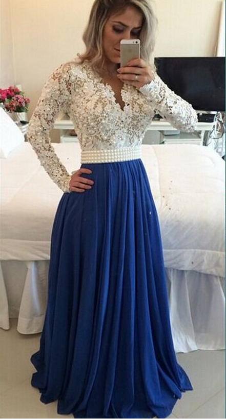 Long Sleeves Lace Pearls Chiffon Prom Dresses on Luulla