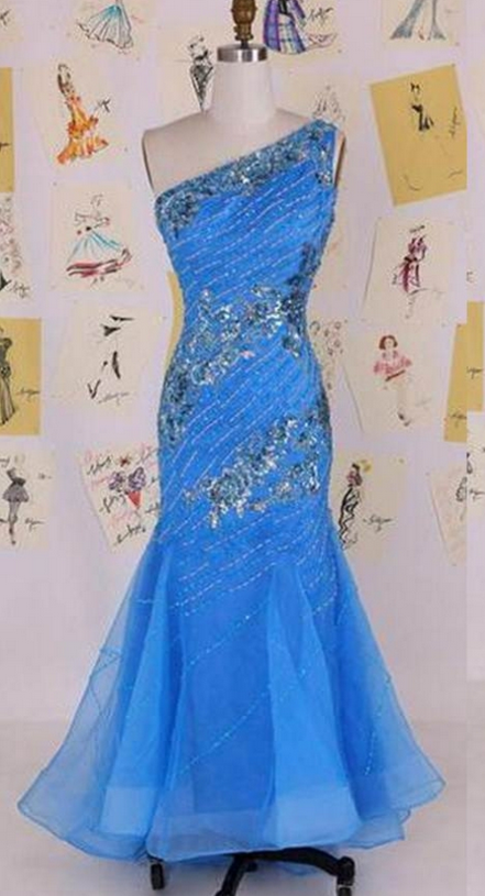Blue Long One Shoulder Mermaid Organza Prom Dresses on Luulla