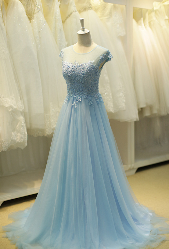 Prom Dresses, A Line Blue Evening Dress, Beaded Prom Dress, Wedding Guest Dress, Bridesmaid