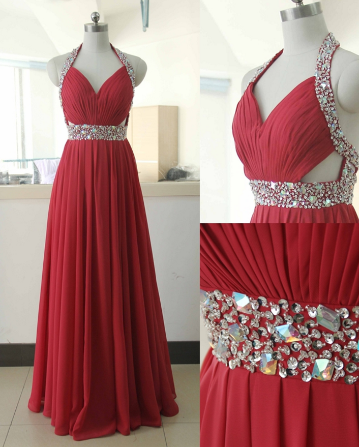 Flowing Red Chiffon Halter Slit A-line Prom Dress main image 1