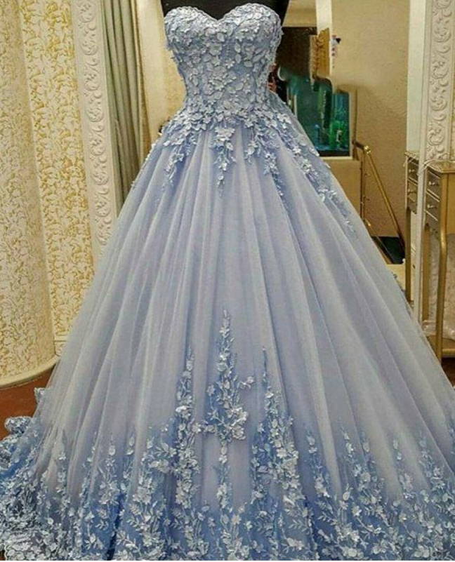 Strapless Blue Ball Gown Prom Dress With Floral Lace on Luulla