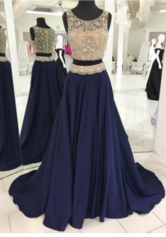 Two Pieces Navy Formal Prom Dress Halter Neckline, Formal Dress, Graduation School Party Dance Dress main image 0