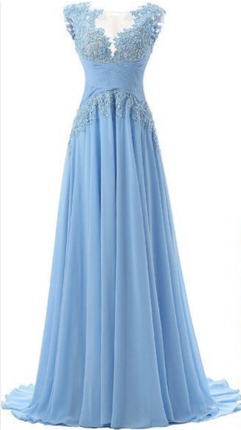 A Blue Long Chiffon Dress With An Illusion Of Lace And Evening Dress ...