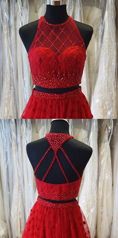 Red 2 Pieces Prom Dress With Polka Dots Skirt on Luulla