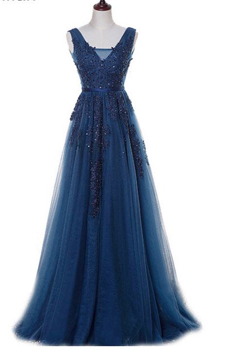 Sleeveless Lace Appliqués A-line Floor-Length Prom Dress, Evening Dress ...